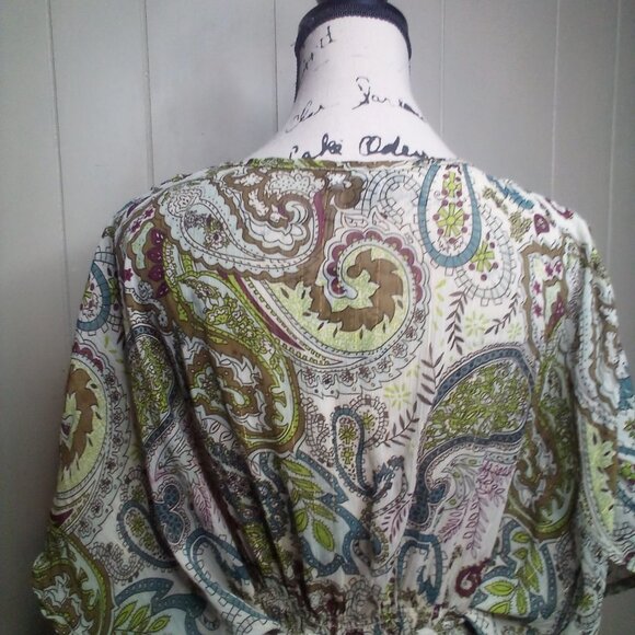 Paper Tee Blouse XL V-Neck Sheer Paisley Green Brown Blue - Picture 3 of 13